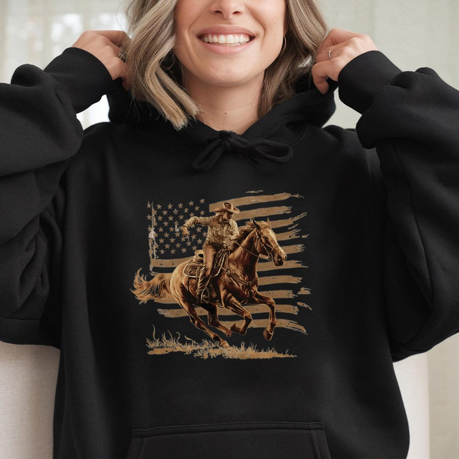 Cowboy Horse Hoodie | Patriotic American Flag Western Graphic | Premium Cotton Blend | Gift for Rancher Country Music Lover