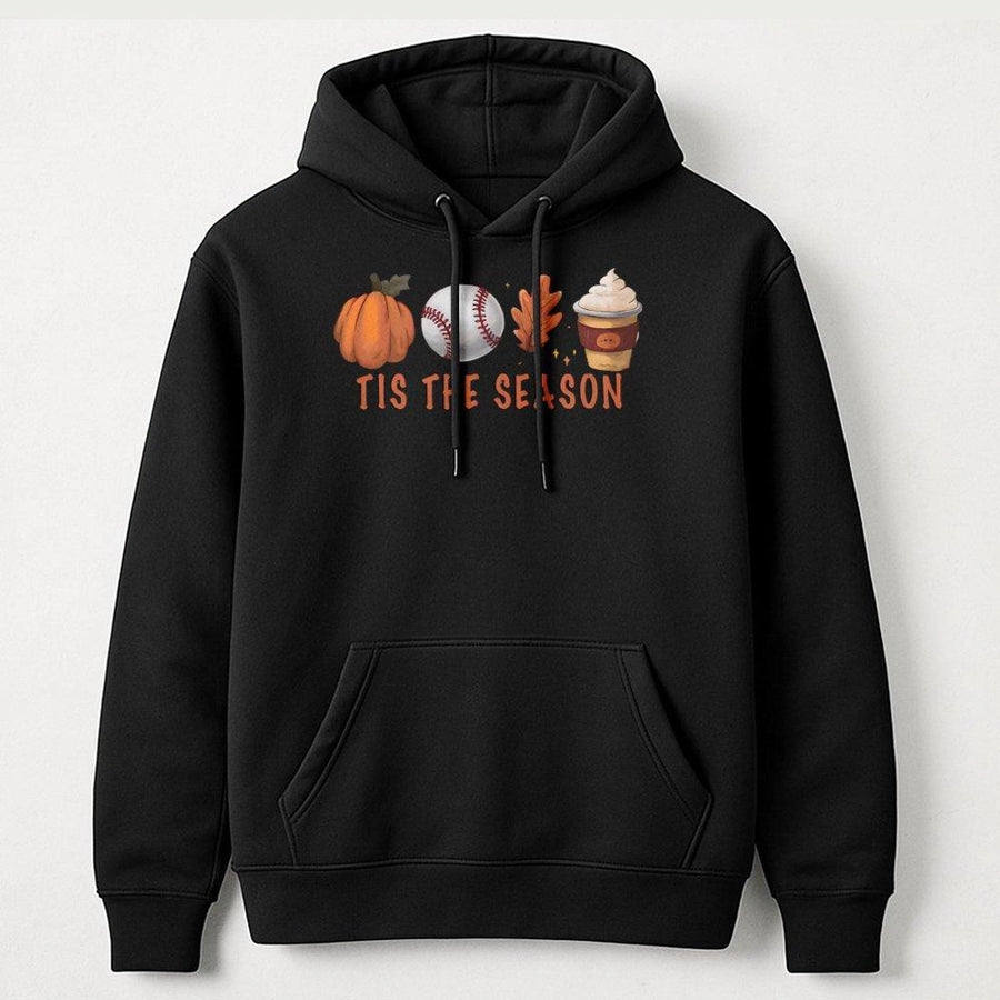 Tis The Season Baseball Hoodie | Fall Pumpkin and Coffee Graphic | Premium Cotton Blend | Cozy Thanksgiving Gift for Baseball Mom or Fan