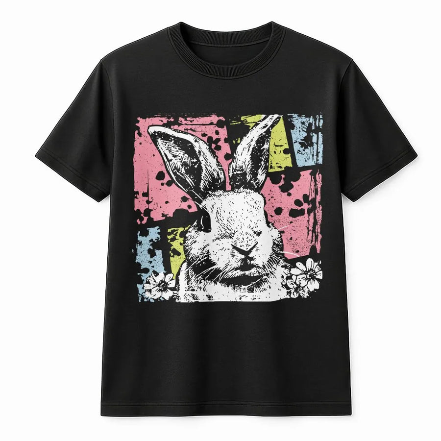 Easter Bunny T-Shirt | Distressed Pop Art Rabbit Graphic | 100% Cotton Premium Quality | Cute Spring Holiday Gift For Animal Lovers
