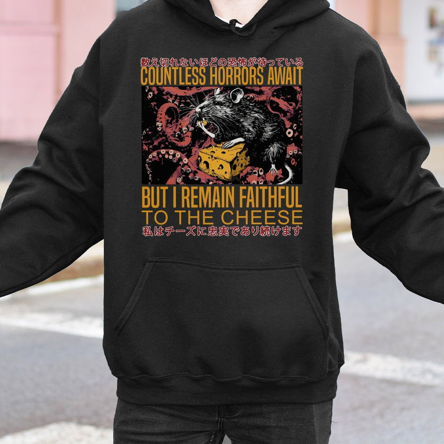 Japanese Horror Rat Hoodie | Funny Cheese Lover Graphic Sweatshirt | Premium Cotton Blend | Quirky Gift for Weird Streetwear Fans