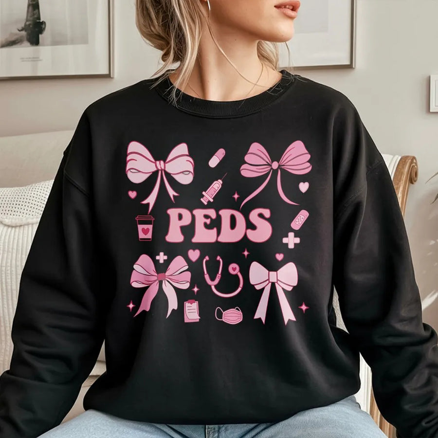 Peds Nurse Sweatshirt | Coquette Bow Aesthetic Medical Graphic | Premium Cotton Blend Crewneck | Cute Pediatric Nurse Gift for Her