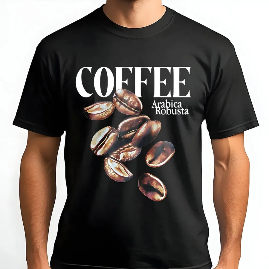 Coffee Lover T-Shirt | Arabica Robusta Bean Graphic Design | Premium Cotton Everyday Tee | Gift for Coffee Baristas and Caffeine Addicts