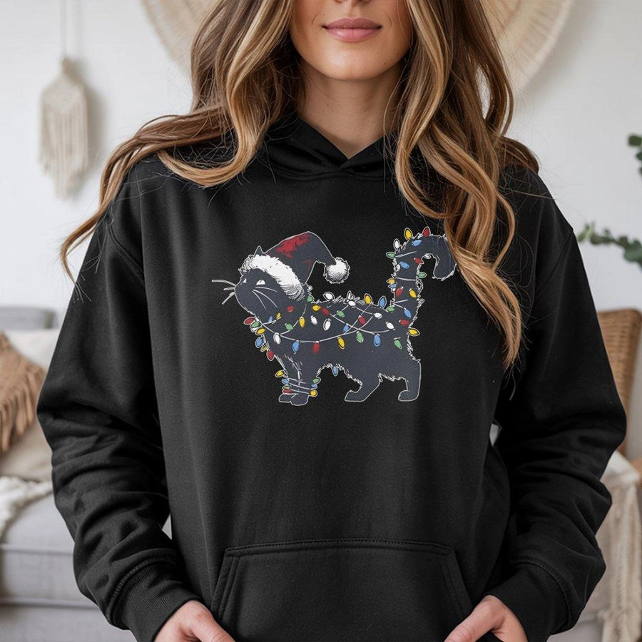 Christmas Cat Hoodie | Black Kitten Tangled In Colorful Holiday Lights | Premium Cotton Blend | Funny Festive Sweatshirt Gift For Cat Lovers