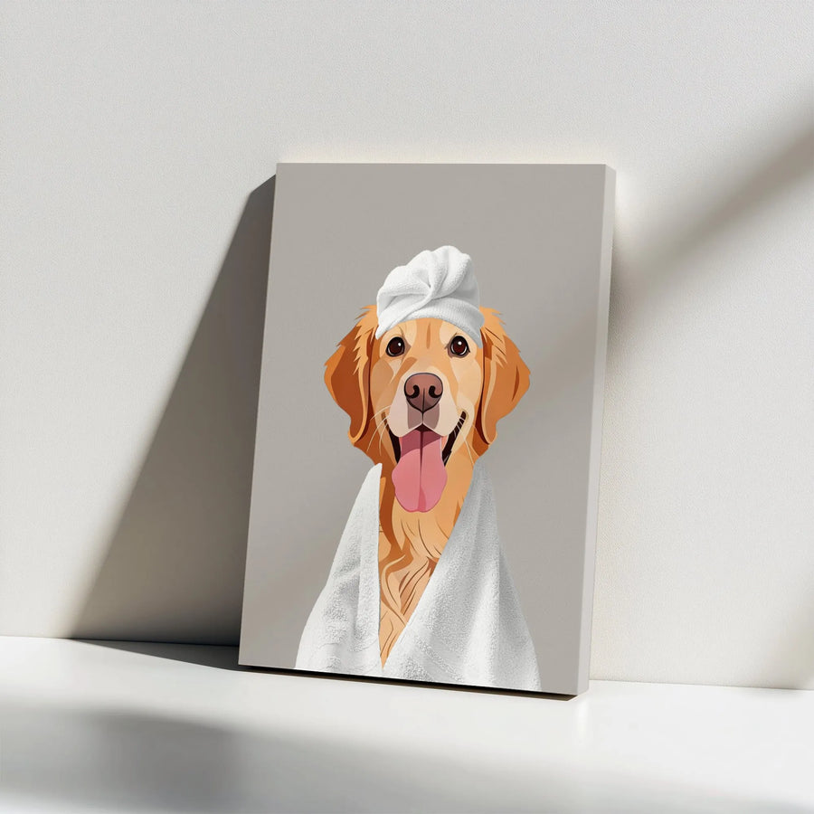 Golden Retriever Wall Art | Spa Dog with Towel Portrait | Premium Gallery Wrap Canvas | Funny Animal Bathroom Decor Gift for Dog Lovers