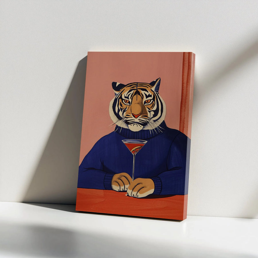 Tiger in Sweater Canvas Print | Anthropomorphic Animal Art with Martini | Premium Thick Gallery Canvas | Unique Bar Cart Wall Decor Gift