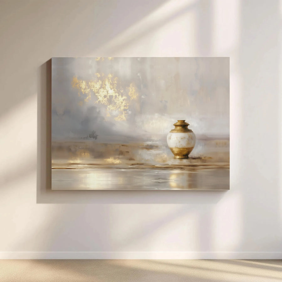 Abstract Gold Urn Canvas Wall Art | Neutral Textured Still Life Painting | Premium Gallery-Wrapped Print | Modern Home & Office Decor