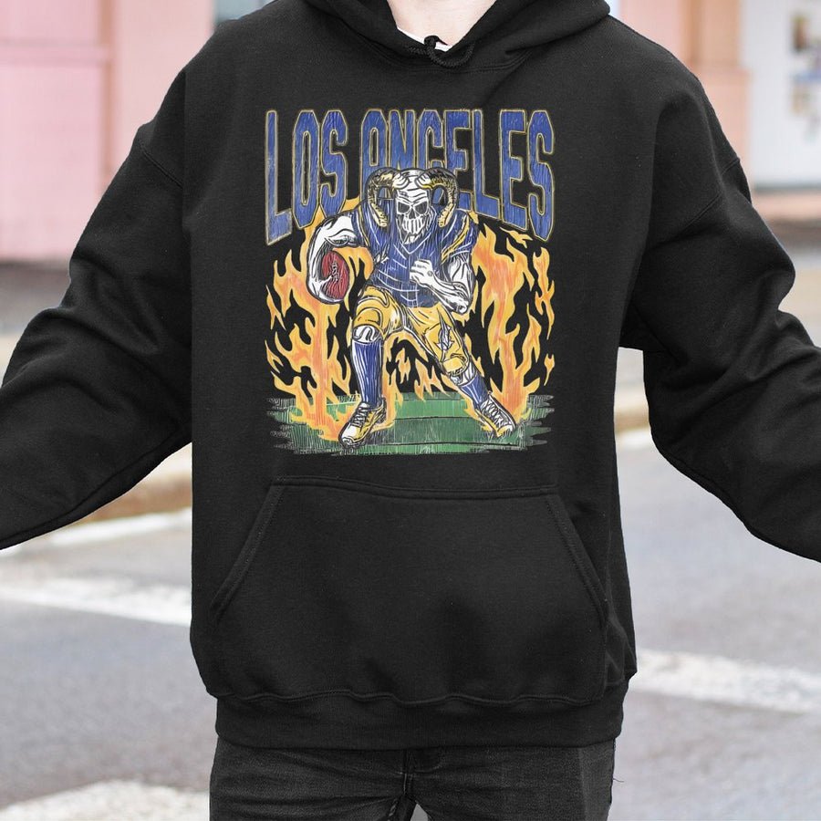 Los Angeles Rams Skeleton Football Player With Flames Hoodie