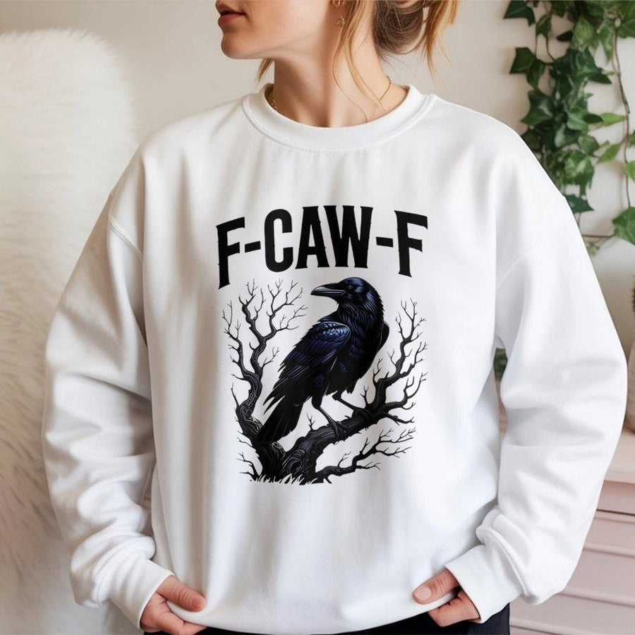 F-CAW-F Raven Sweatshirt | Gothic Crow Tree Graphic Design | Premium Cotton Blend | Funny Sarcastic Gift for Bird Lovers and Dark Aesthetic Fans