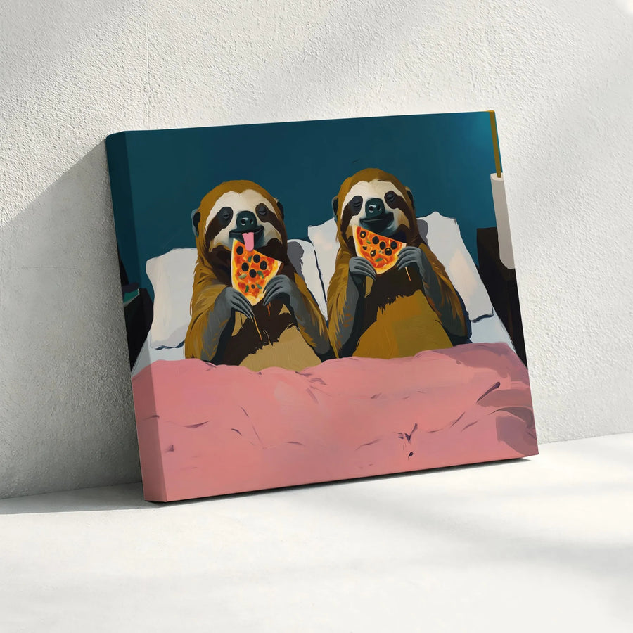 Funny Sloth Canvas Wall Art | Sloth Couple Eating Pizza Painting | Premium Gallery Wrapped Canvas | Quirky Bedroom Decor & Unique Foodie Gift