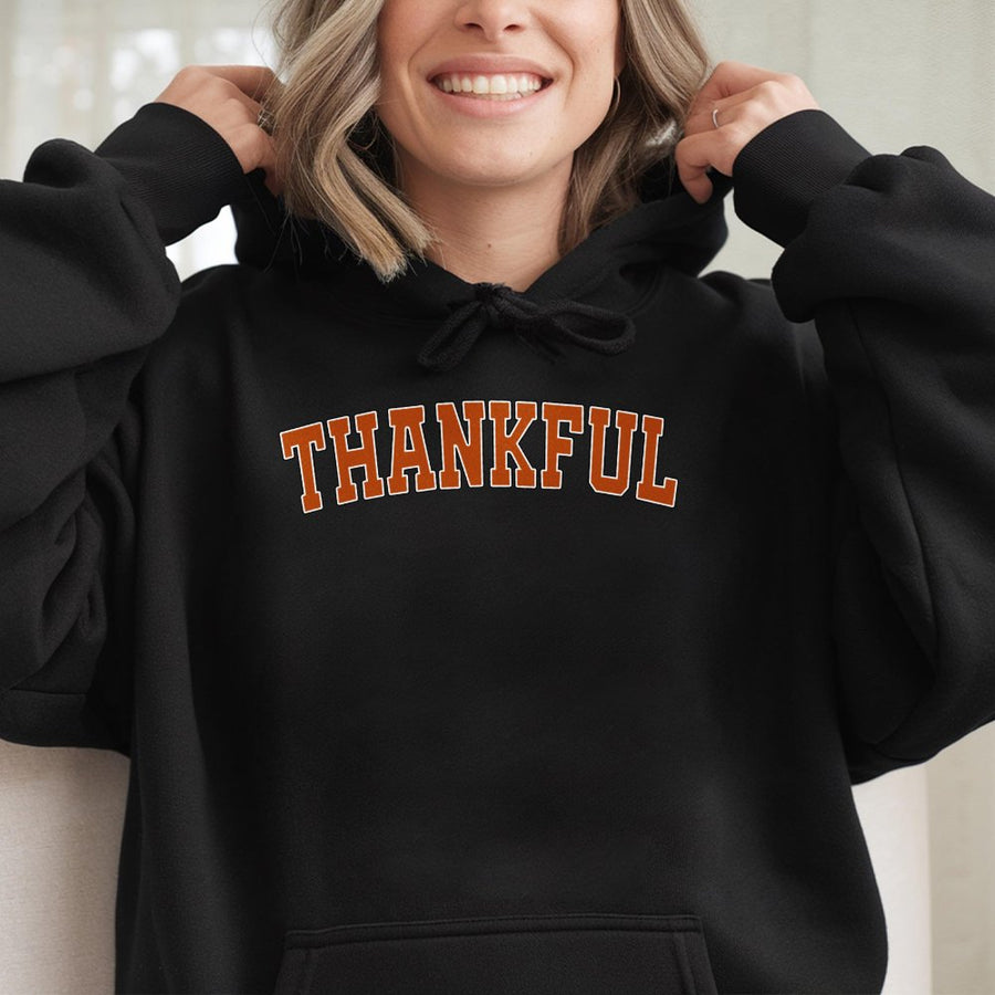 Thankful Hoodie | Varsity College Lettering Graphic | Soft Cotton-Polyester Blend | Trendy Fall Thanksgiving Gift for Women and Men