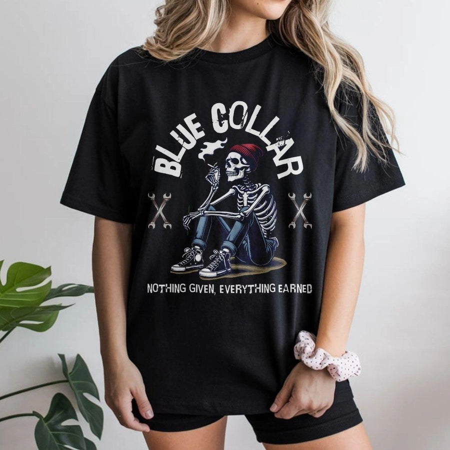 Blue Collar T-Shirt | Nothing Given Everything Earned Graphic | Premium Cotton Tradesman Apparel | Gift For Mechanic Welder Construction Worker