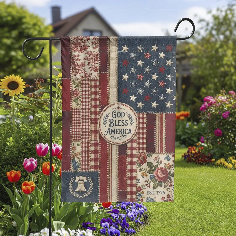 God Bless America Patriotic Garden Flag | Rustic Floral Patchwork Americana Design | Double-Sided Premium Weatherproof Polyester | Summer Yard Decor Gift