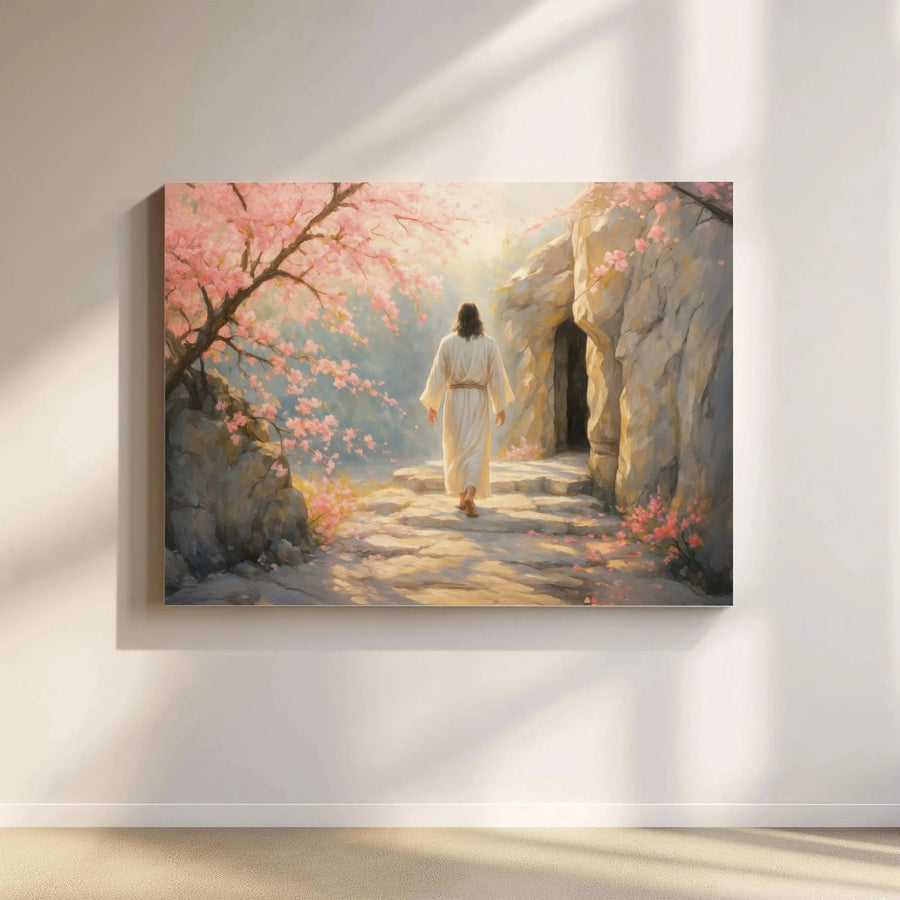 Jesus Resurrection Canvas Art | Empty Tomb Painting with Cherry Blossoms | Premium Canvas Print | Inspirational Christian Home Decor Gift