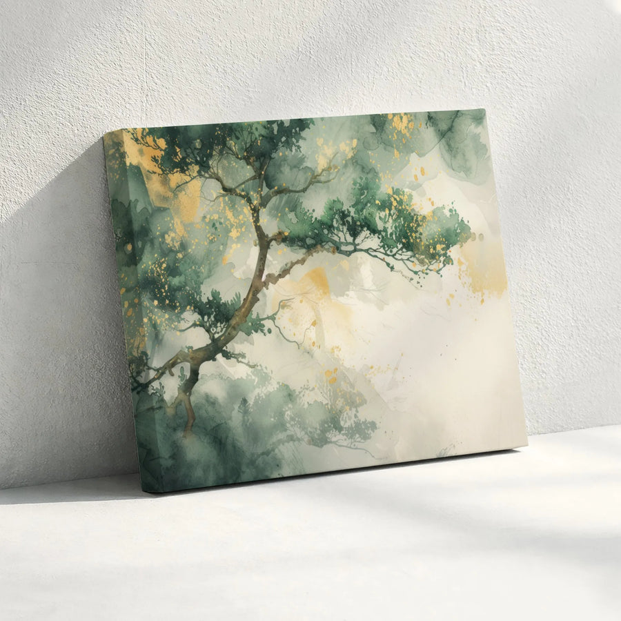 Japanese Tree Canvas Print | Abstract Green and Gold Watercolor Wall Art | 1.25-Inch Premium Gallery Wrap | Modern Nature Decor for Home Office
