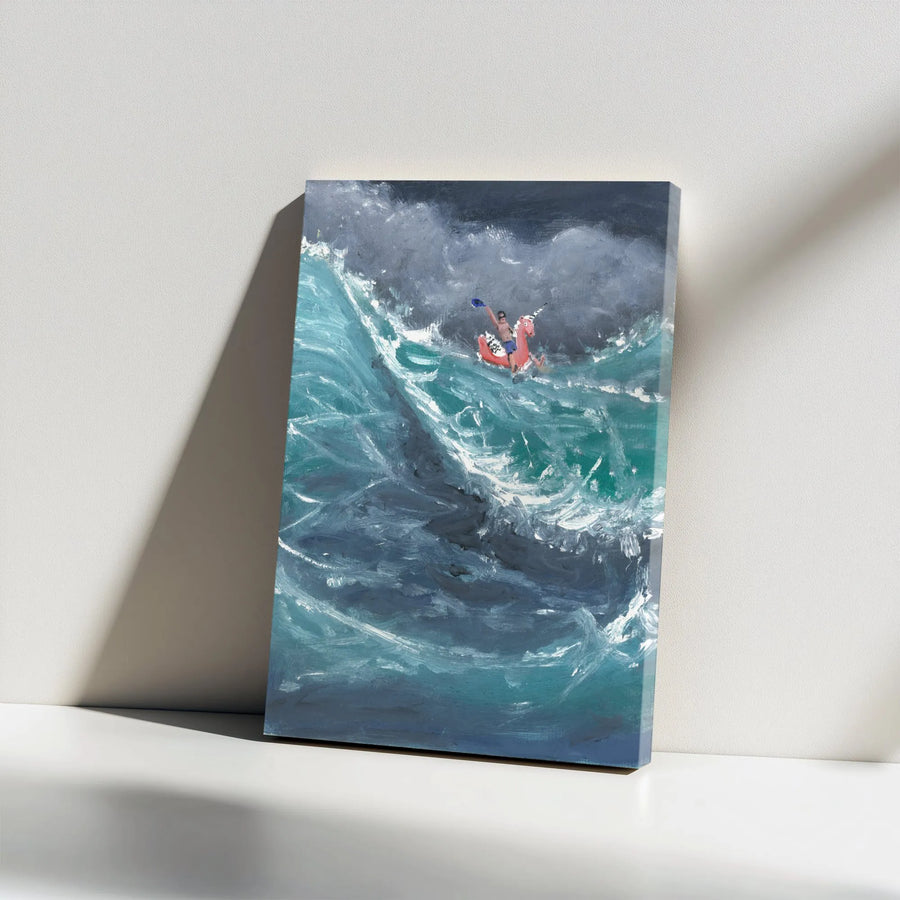 Man Riding Pink Unicorn Float Canvas | Stormy Ocean Oil Painting Style | Gallery-Wrapped Premium Print | Funny Coastal Wall Art Gift