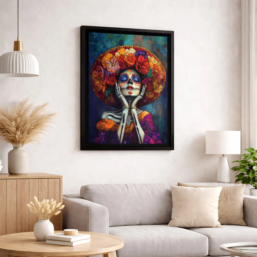 Day Of The Dead Canvas Wall Art | La Catrina Sugar Skull With Floral Sombrero | Premium Gallery-Wrapped Print | Mexican Folk Art Gift For Home Decor