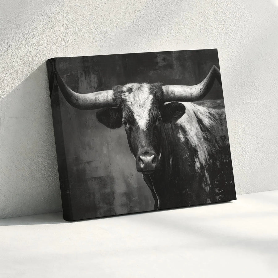 Texas Longhorn Bull Wall Art | Black And White Cattle Portrait | Premium 1.25-Inch Gallery Canvas | Modern Farmhouse Home Decor Gift