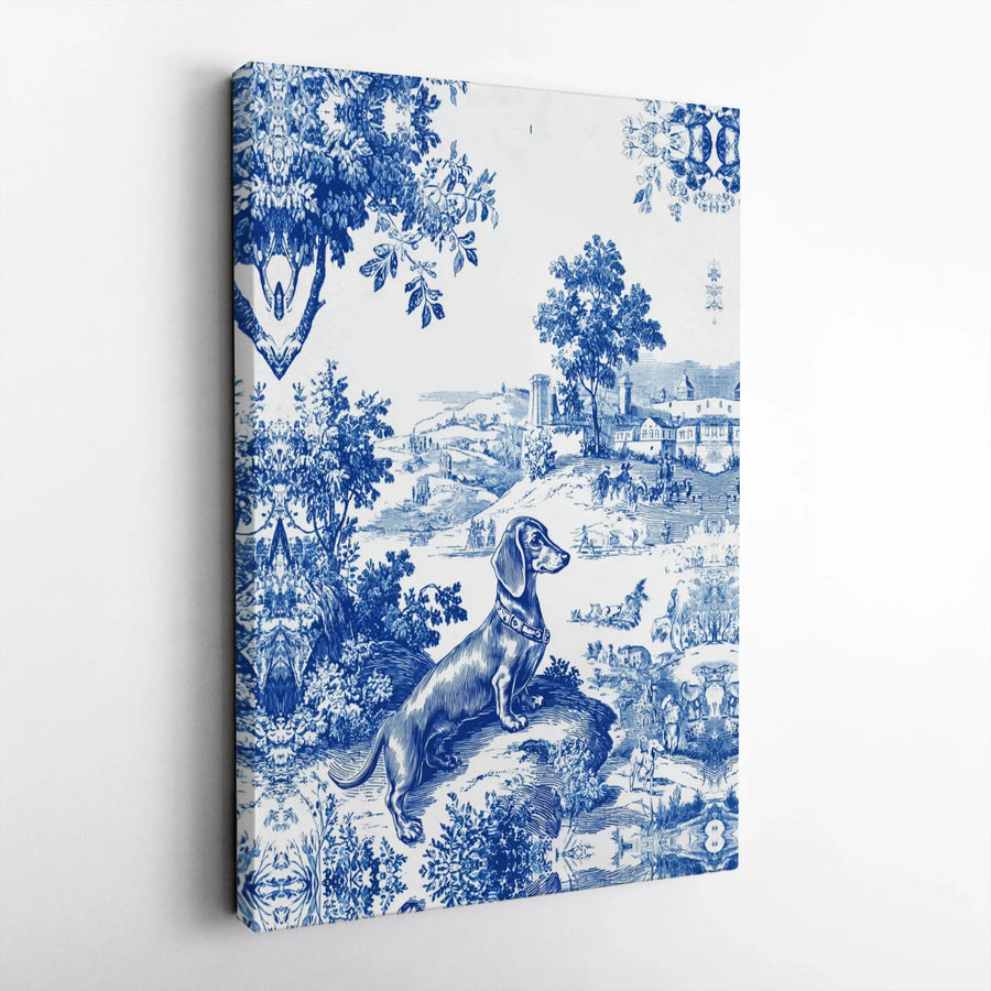 Dachshund Toile Canvas Wall Art | Vintage Blue and White Pastoral Scene | Premium Gallery Wrapped Print | Unique Home Decor Gift for Dog Lover