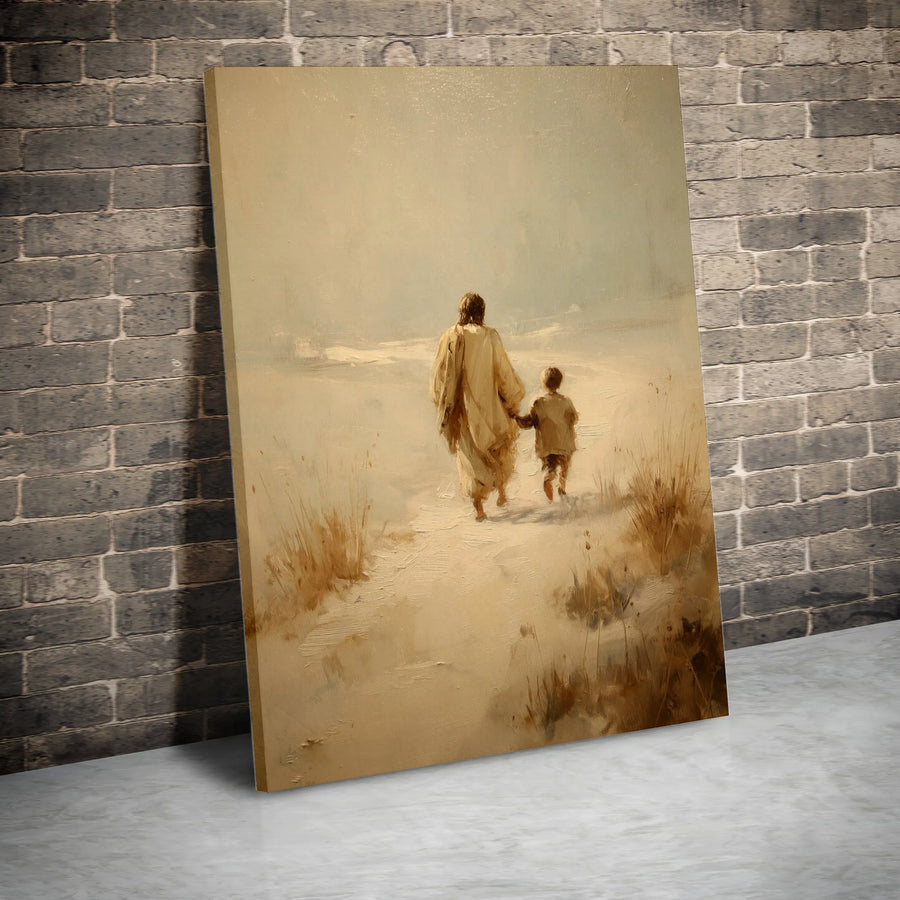 Jesus Walking with Child Vertical Canvas | Vintage Christian Painting Wall Art | Premium Gallery Wrap Canvas | Faith Based Home Decor Gift