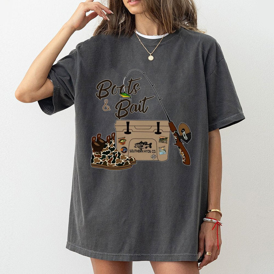 Boots & Bait Fishing Graphic T-Shirt | Country Western Camo Print Design | Premium 100% Cotton | Outdoor Fisherman Gift For Men & Women