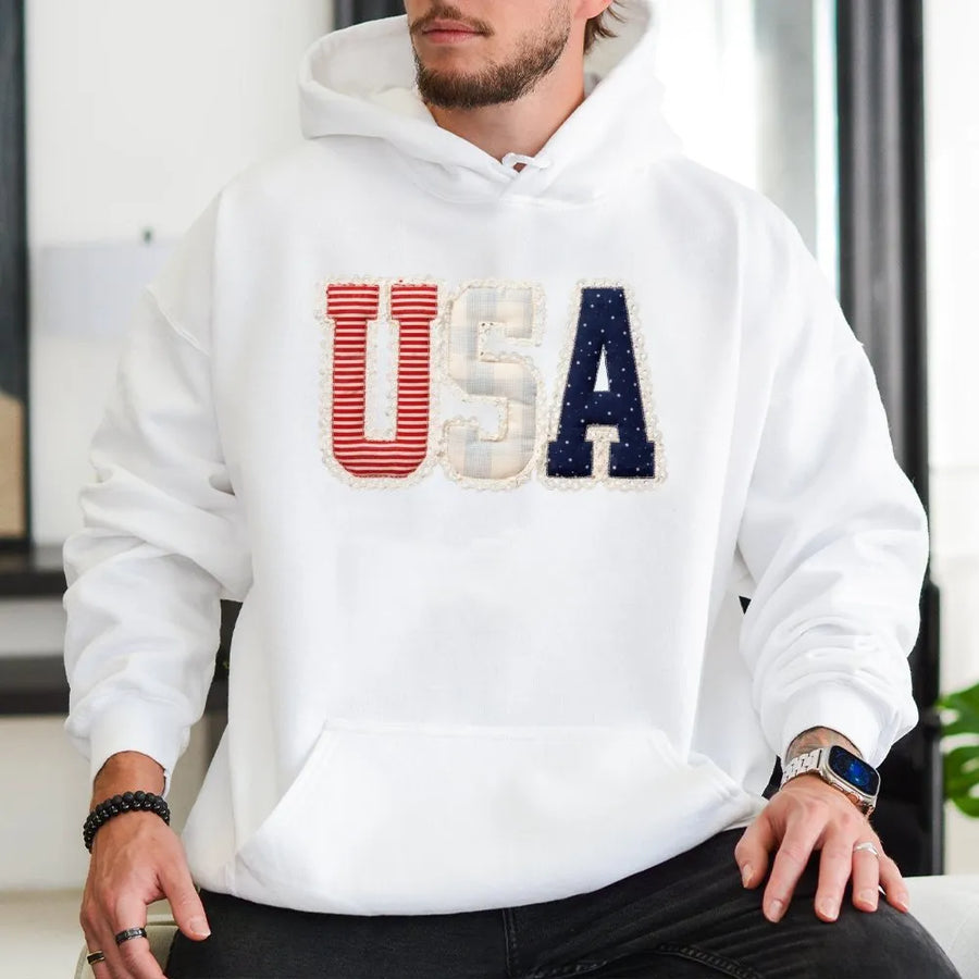 Preppy USA Hoodie | Coquette Faux Patchwork Graphic | Soft Cotton Blend | Patriotic Independence Day Gift for Her
