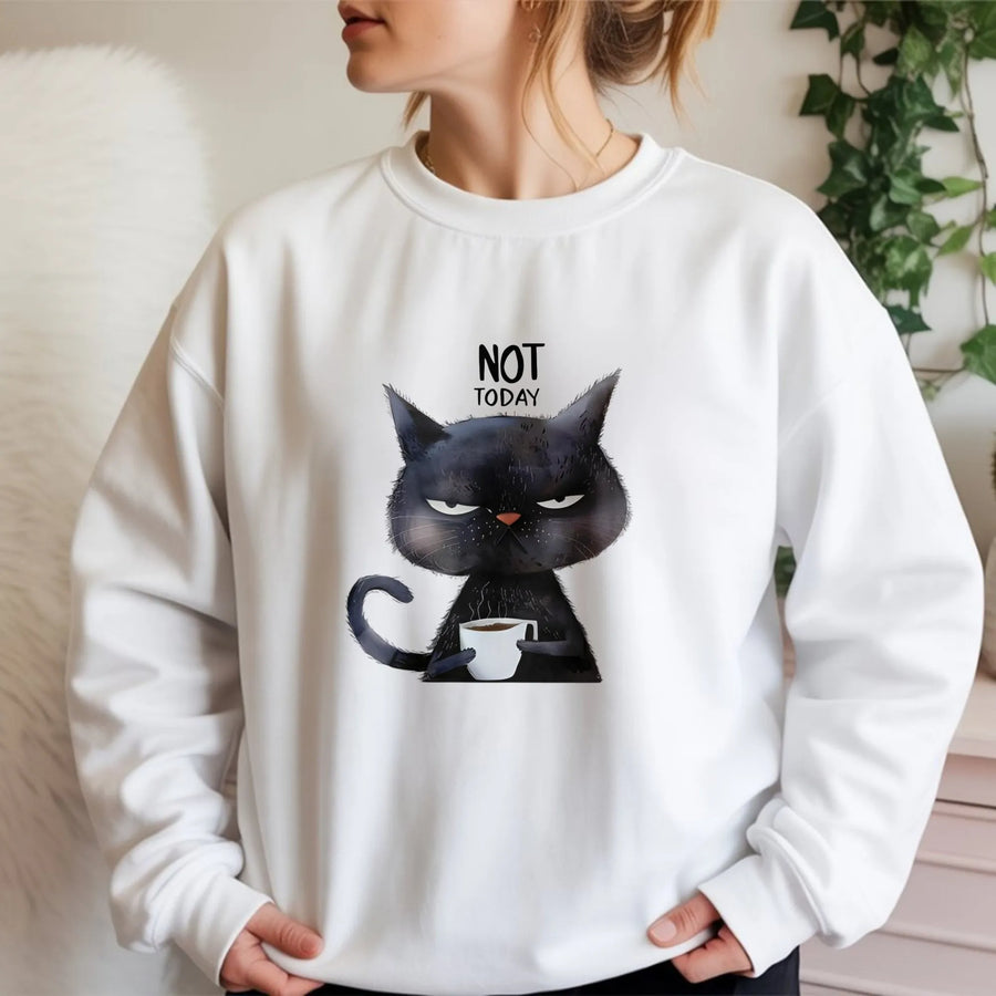 Not Today Cat Sweatshirt | Funny Grumpy Coffee Meme Graphic | Premium Cotton Blend Crewneck | Unisex Gift for Cat Lovers