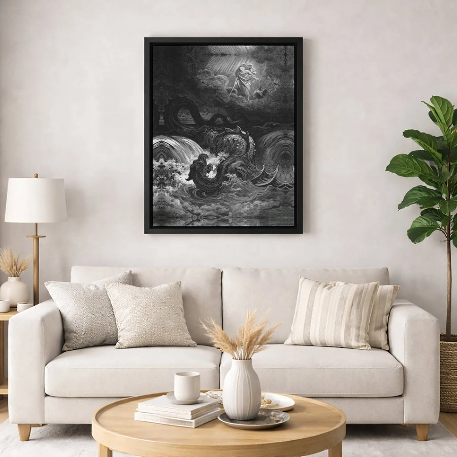 Destruction Of Leviathan Wall Art | Gustave Dore Biblical Engraving Print | Premium Gallery Wrapped Canvas | Moody Gothic Home Decor Gift
