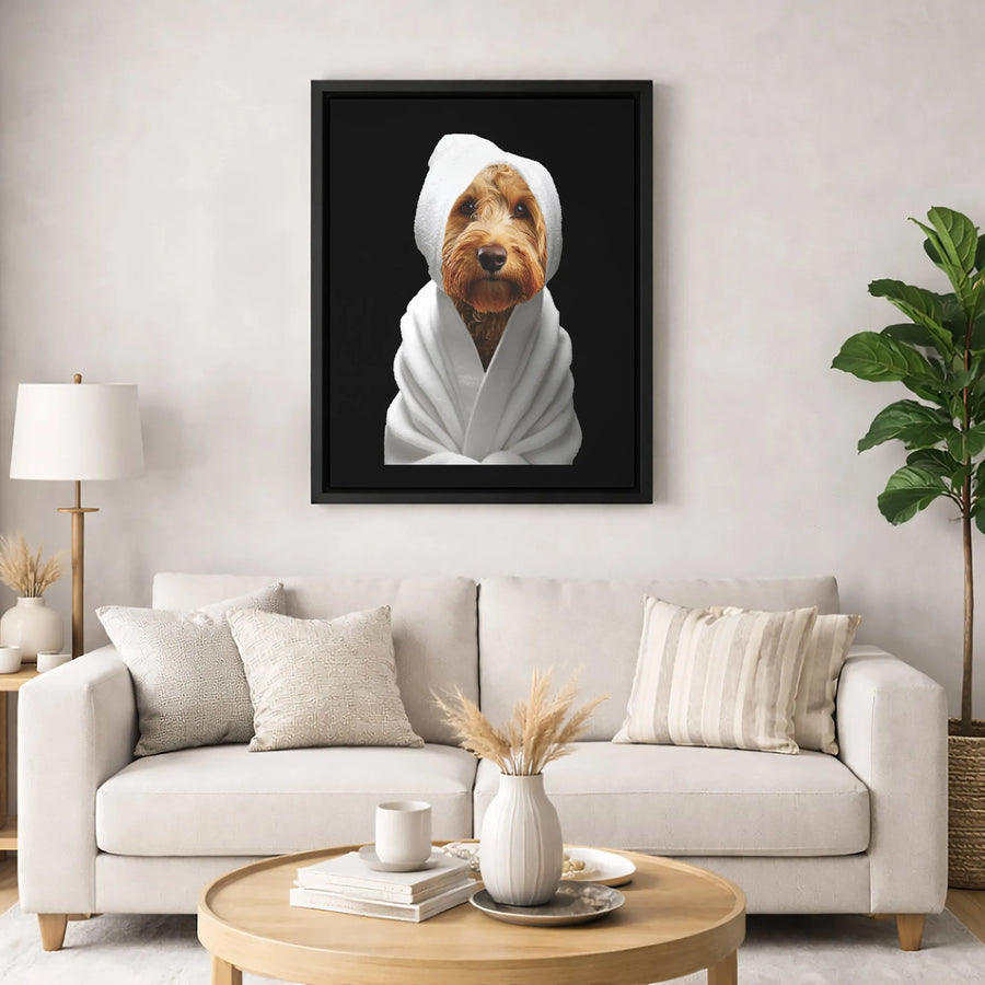 Goldendoodle Dog In Bathrobe Canvas | Funny Animal Bathroom Wall Art | Premium Gallery-Wrapped Portrait | Unique Gift for Dog Lovers