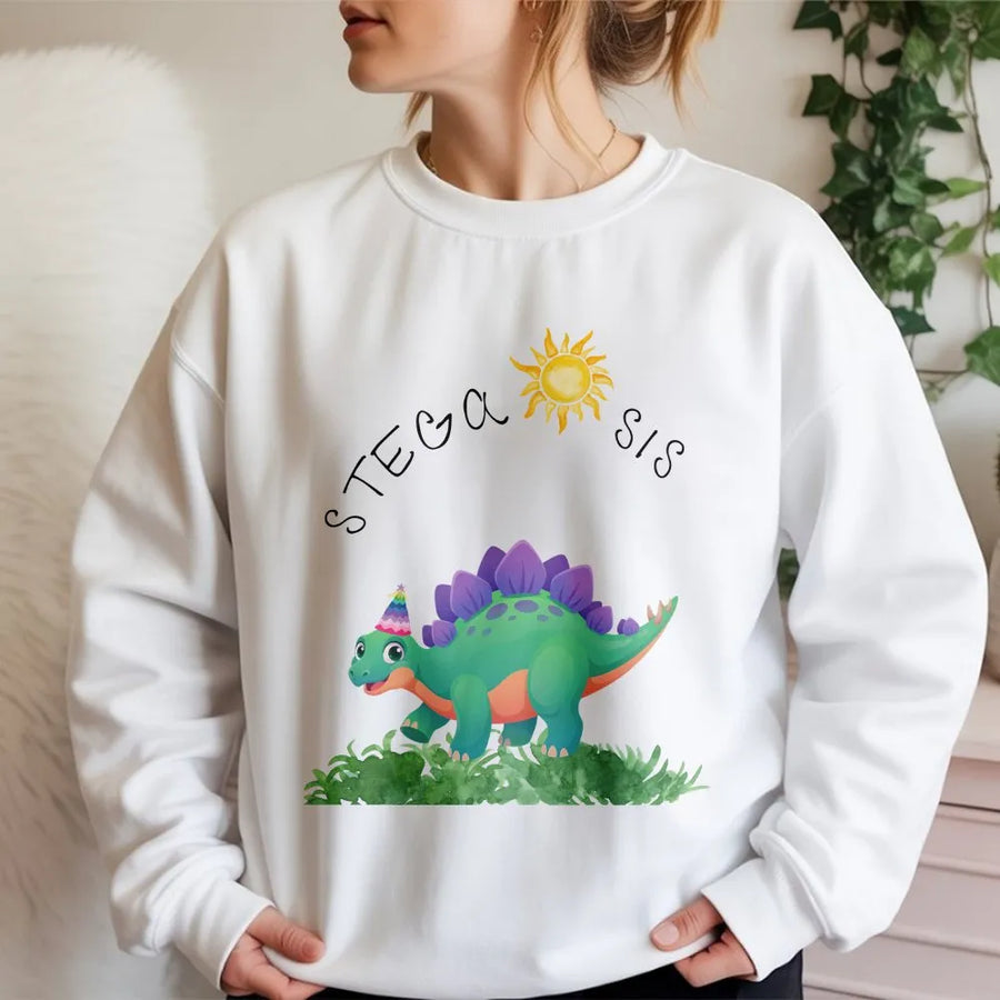 Stega Sis Sweatshirt | Cartoon Stegosaurus Party Animal Design | Premium Cotton Blend | Cute Dinosaur Gift for Sister