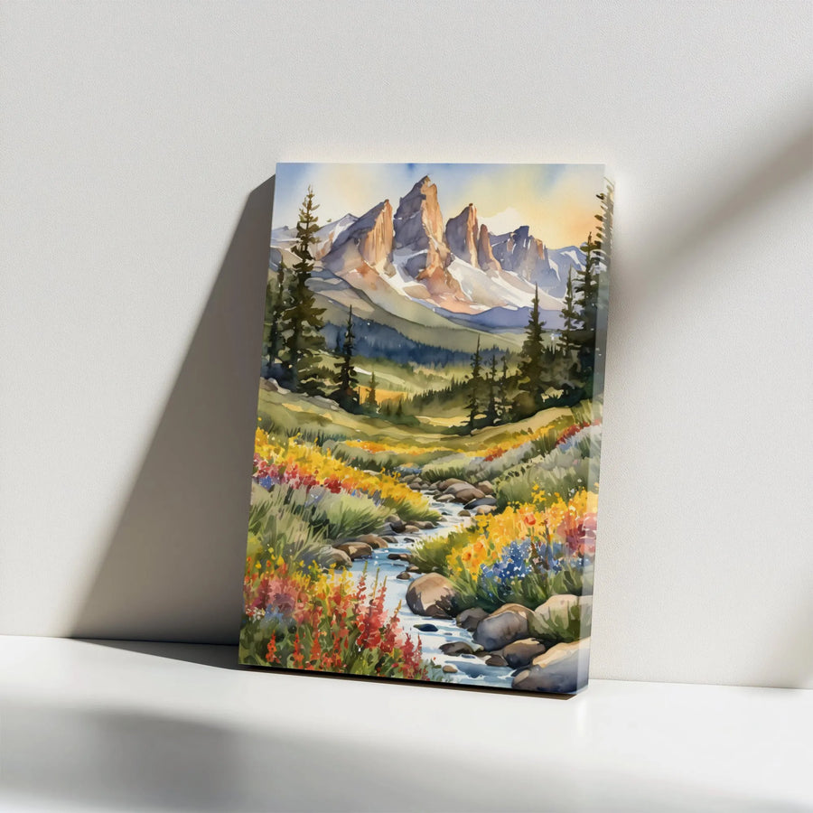 Watercolor Mountain Landscape Canvas | Wildflower Meadow Stream Art | 1.25 Inch Gallery Wrap | Premium Nature Wall Decor Gift