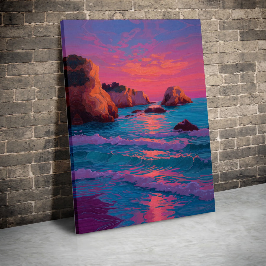 Coastal Sunset Canvas Wall Art | Vibrant Seascape Painting | Thick Gallery Wrapped Canvas | Modern Home Decor Gift