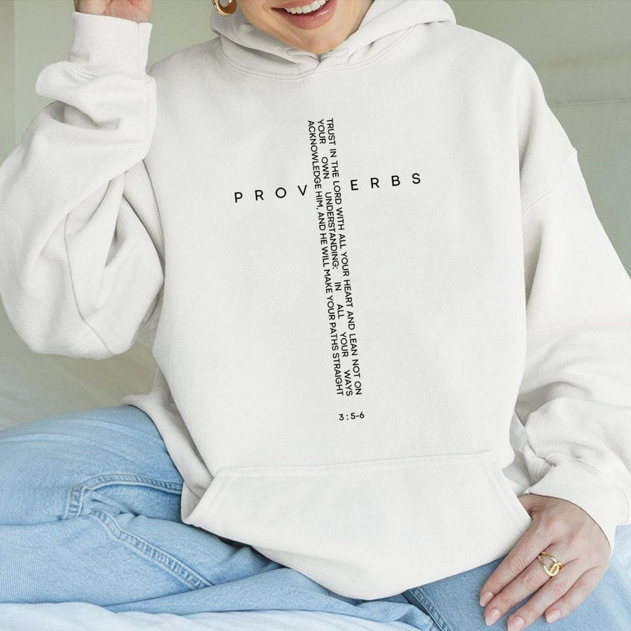Proverbs 3:5-6 Christian Hoodie | Minimalist Bible Verse Scripture Cross Design | Premium Cotton-Blend Comfort | Faith-Based Gift for Men and Women
