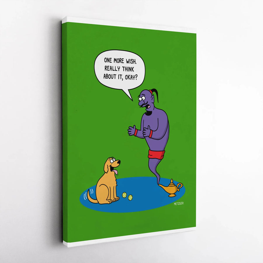 Funny Dog Cartoon Canvas Print | Genie Granting Wishes to Golden Retriever | Premium Gallery Wrapped Art | Humorous Gift for Dog Lovers