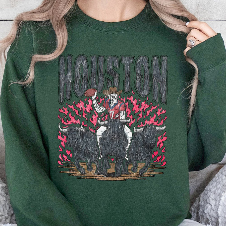 Houston With A Skeleton Cowboy Wearing A Houston Texans Football Uniform, Riding Bulls With Flames Sweatshirt