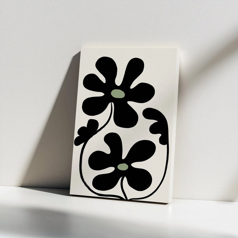 Minimalist Floral Canvas Wall Art | Black and Sage Green Groovy Flower Print | Premium Gallery Wrap Decor | Modern Aesthetic Home Gift