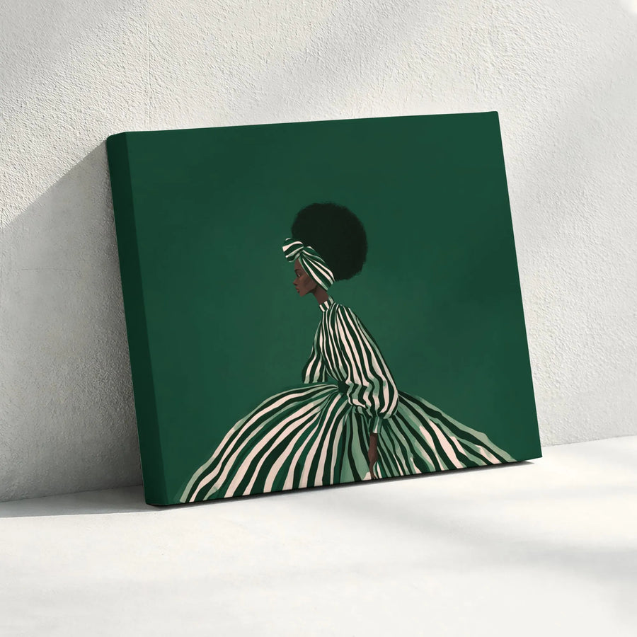 Black Woman Canvas Wall Art | Modern Afro Portrait in Striped Gown | Premium Gallery Wrap | Afrocentric Living Room Decor Gift