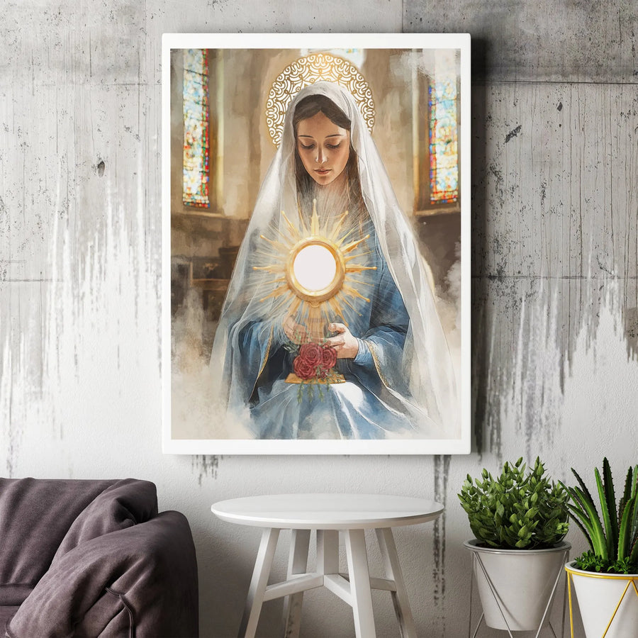 Virgin Mary Canvas Print | Eucharistic Adoration Monstrance Art | Premium Gallery Wrap Wall Decor | Catholic Home Religious Gift