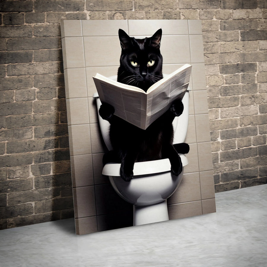 Black Cat Reading Newspaper On Toilet Canvas Wall Art | Funny Bathroom Decor | Premium Fade-Resistant Print | Quirky Gift for Cat Lovers