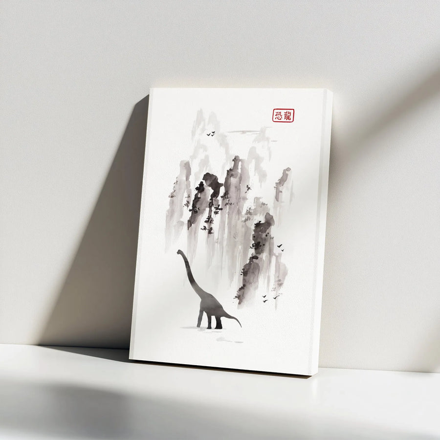 Dinosaur Canvas Wall Art | Japanese Ink Wash Brontosaurus Print | Premium Gallery Wrapped Canvas | Zen Home Decor Collector's Gift