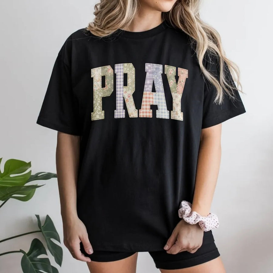 Pray Floral Patchwork T-Shirt | Cottagecore Aesthetic Religious Graphic Tee | 100% Premium Cotton | Faith-Based Inspirational Christian Gift
