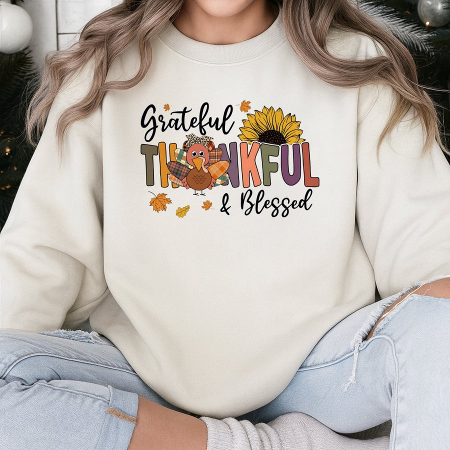 Grateful Thankful Blessed Sweatshirt | Cute Turkey Sunflower Fall Design | Cotton Blend Crewneck | Thanksgiving Gift For Women And Families