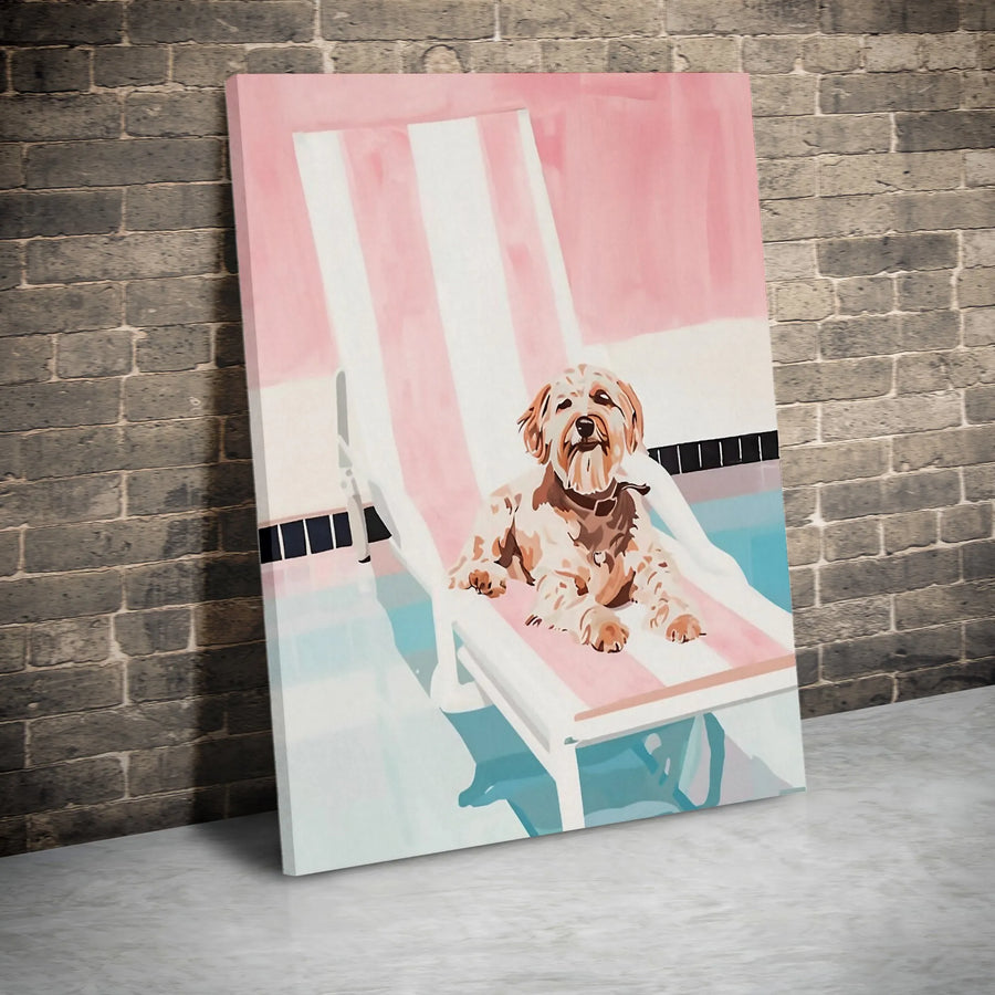Dog Poolside Vertical Canvas | Whimsical Summer Dog Art Print | Premium Gallery Wrapped Wall Decor | Unique Gift for Goldendoodle Lover