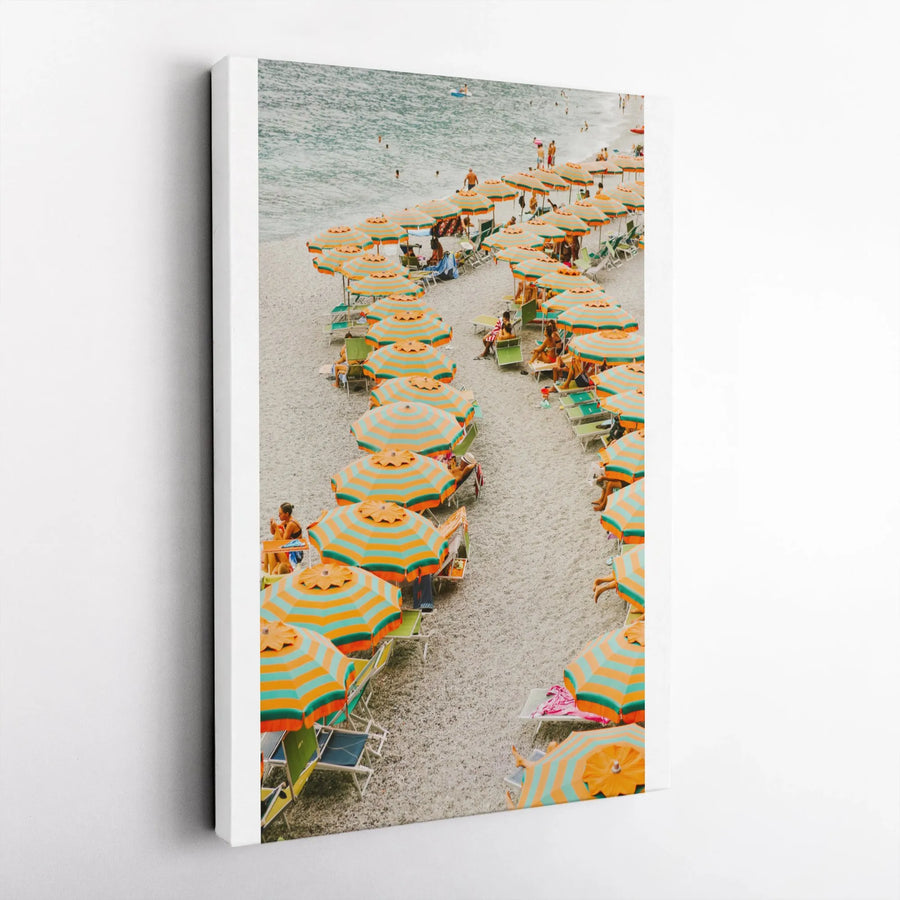 Monterosso Beach Vertical Canvas | Retro Italian Beach Scene Print | Premium Gallery Wrapped Wall Art | Travel Lover Home Decor Gift