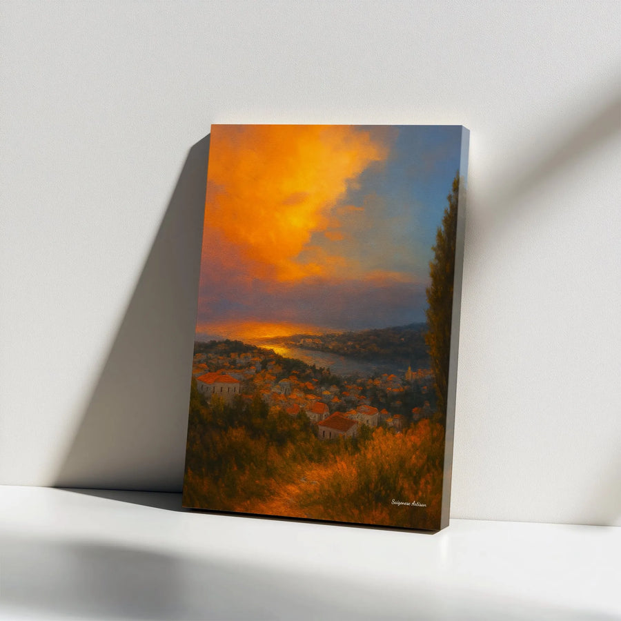 Coastal Village Sunset Canvas Print | Mediterranean Landscape Oil Painting Style | Premium Gallery Wrap Wall Art | Scenic Home Decor Gift