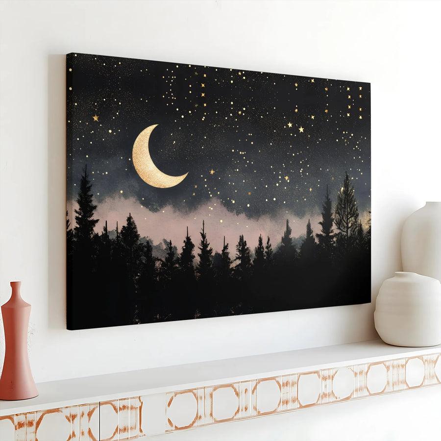 Celestial Night Sky Canvas | Gold Crescent Moon & Pine Forest Wall Art | Gallery Wrapped Premium Print | Boho Bedroom Home Decor Gift