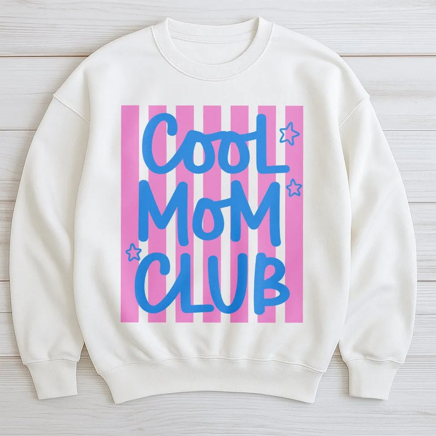 Cool Moms Club Sweatshirt | Trendy Preppy Striped Graphic | Premium Soft Cotton Blend | New Mom Gift for Her