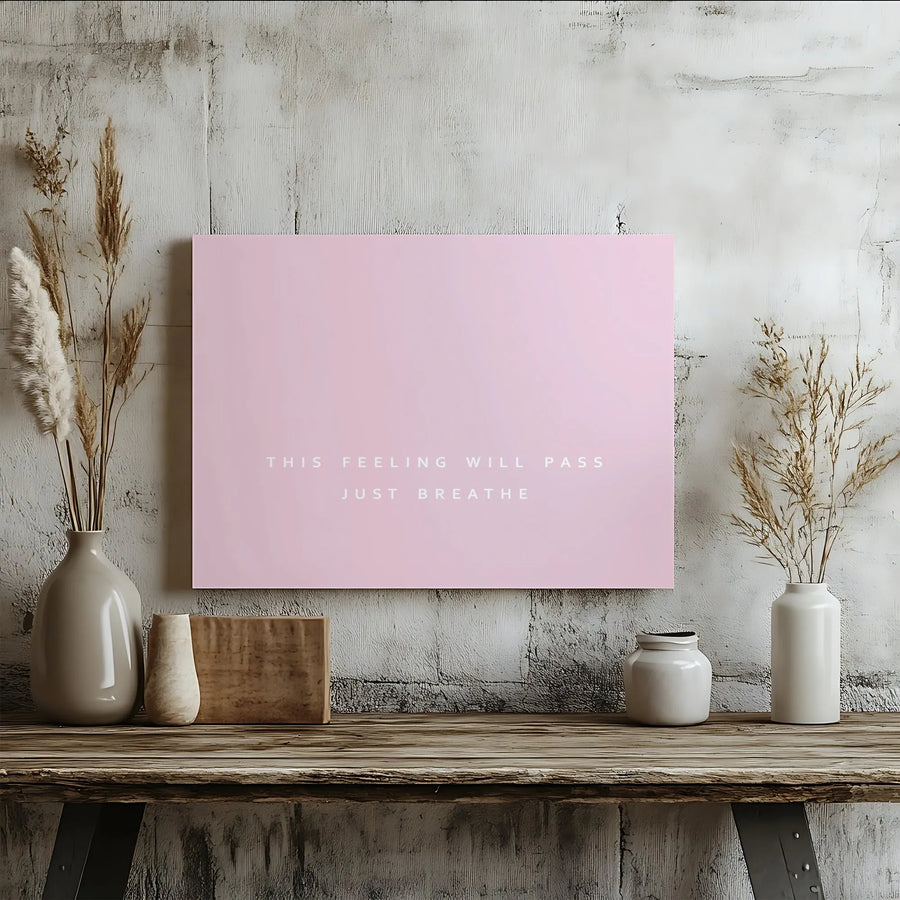 Mental Health Quote Horizontal Canvas | This Feeling Will Pass Just Breathe Pink Wall Art | Premium 1.25" Gallery Wrap Print | Calming Mindfulness Gift for Bedroom Therapy Office