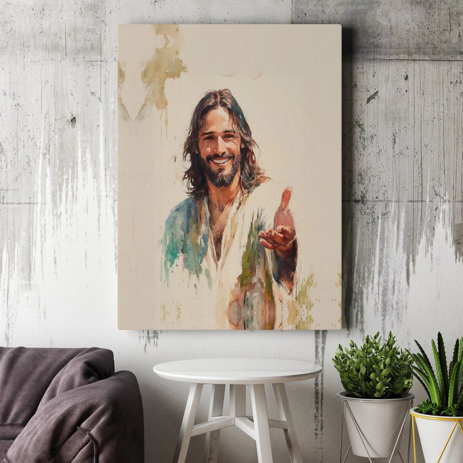 Jesus Reaching Out Canvas Art | Smiling Savior Watercolor Print | 1.25-Inch Gallery Wrap | Christian Home Decor Gift for Believers