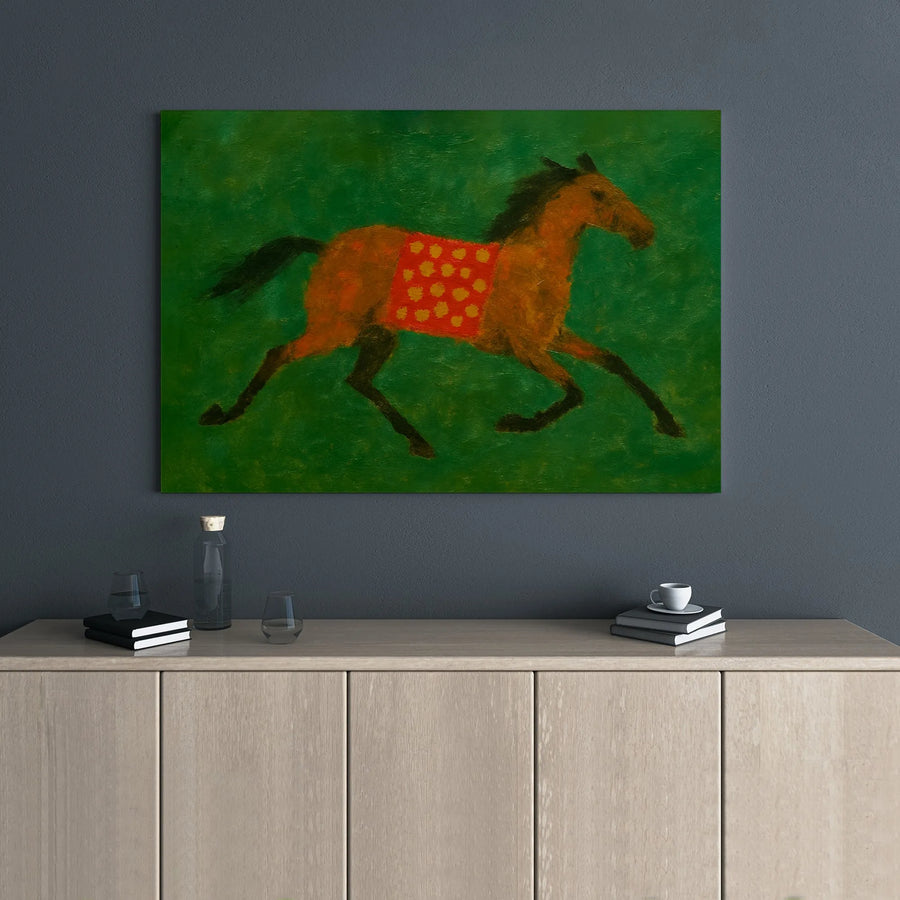 Running Horse Canvas Wall Art | Folk Art Style Equestrian Print | Premium 1.25-Inch Gallery Wrap | Vintage Farmhouse Decor Gift