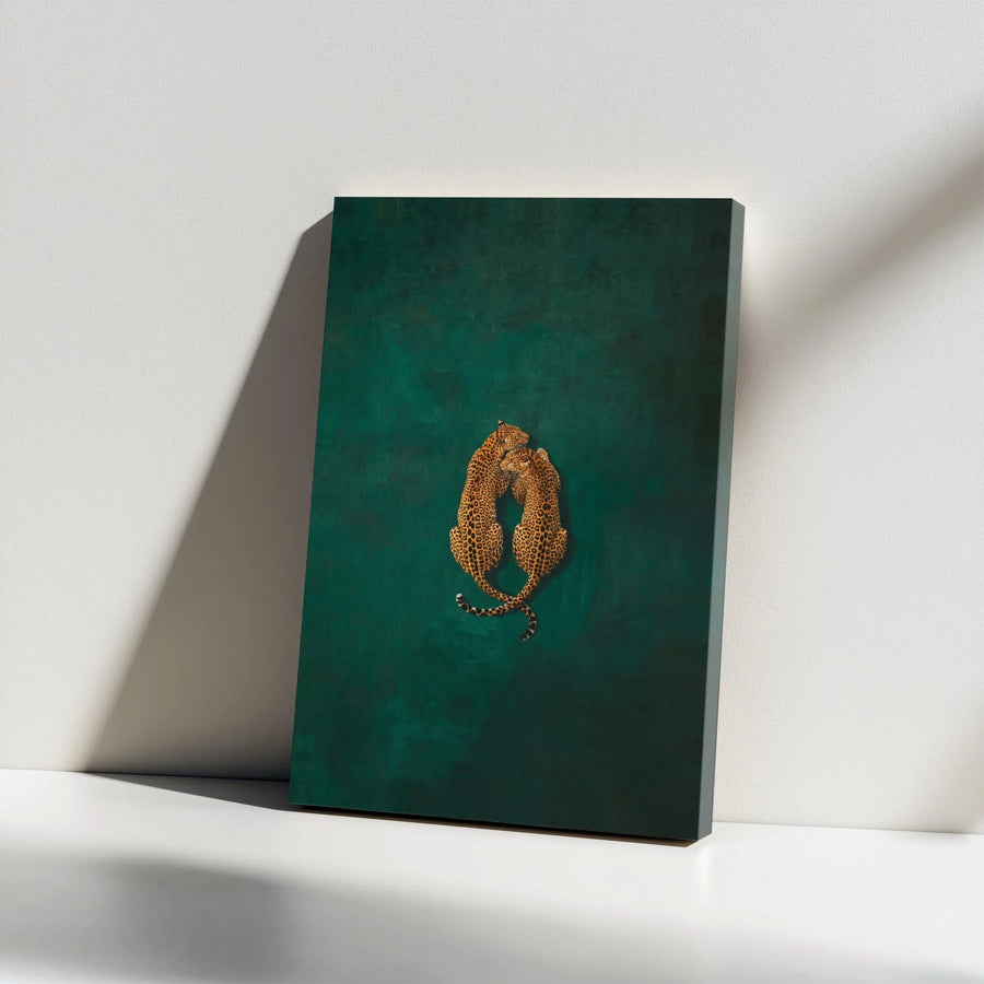 Leopard Couple Canvas Wall Art | Vintage Wildlife Painting on Dark Green Background | Premium Gallery Wrapped Canvas | Unique Home Decor Gift for Animal Lovers